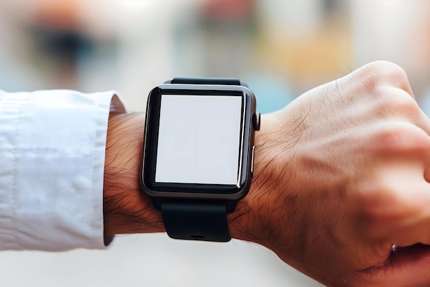 Man looking at his blank empty white smart watch screen on his wrist technology accessories concept