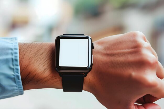 Man looking at his blank empty white smart watch screen on his wrist technology accessories concept