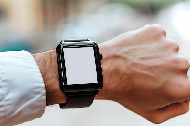 Man looking at his blank empty white smart watch screen on his wrist technology accessories concept