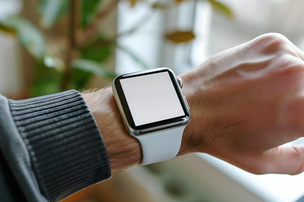 Man looking at his blank empty white smart watch screen on his wrist technology accessories concept