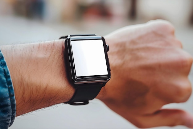 Man looking at his blank empty white smart watch screen on his wrist technology accessories concept