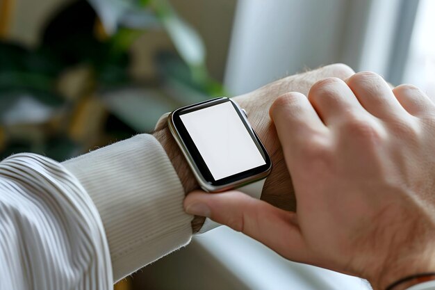 Man looking at his blank empty white smart watch screen on his wrist technology accessories concept