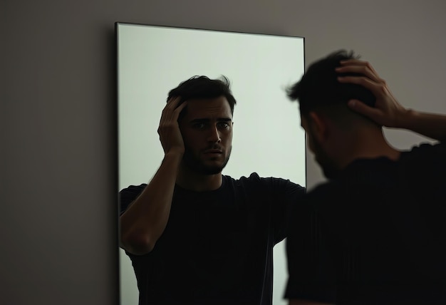 Man looking at his reflection in a mirror worried about hair loss