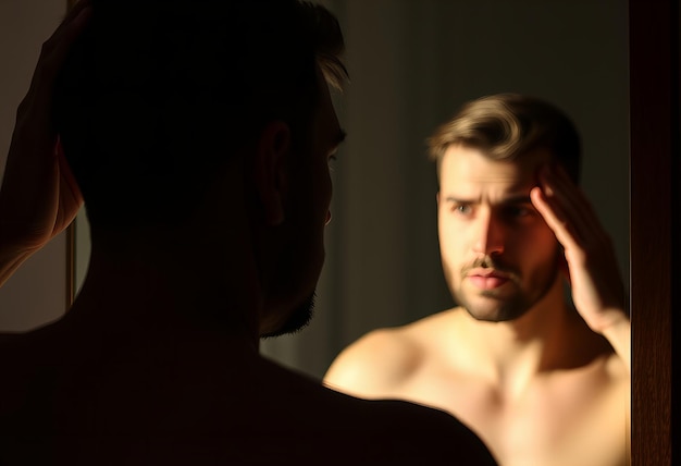 Man looking at his reflection in a mirror worried about hair loss