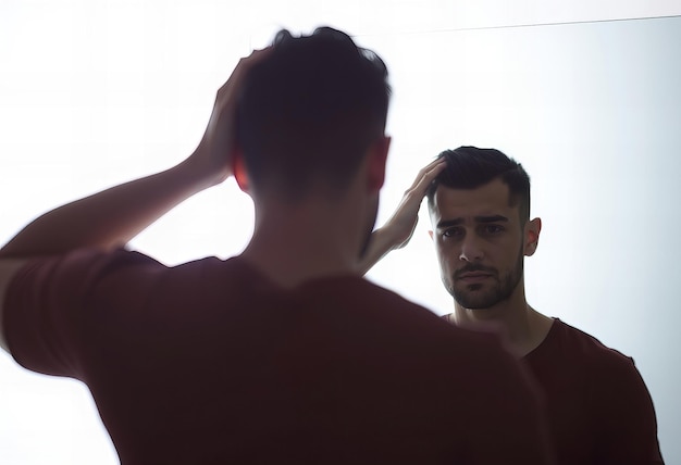 Man looking at his reflection in a mirror worried about hair loss