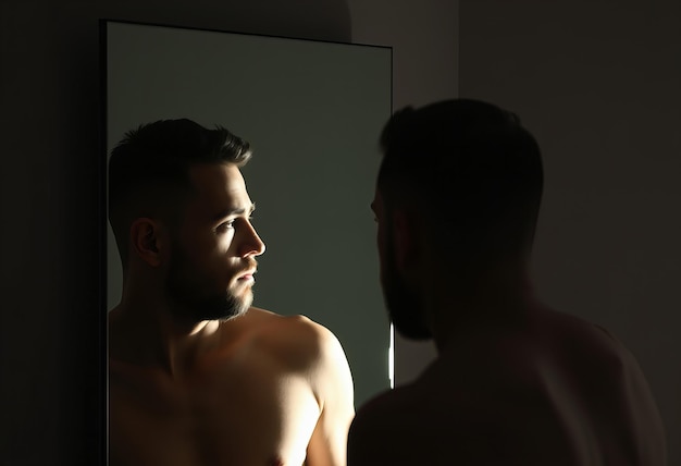 Photo man looking at his reflection in a mirror worried about hair loss