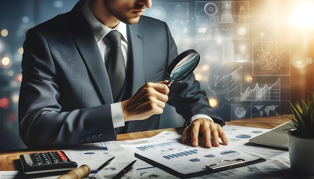 Photo a man looking at a magnifying glass with the word financial on it