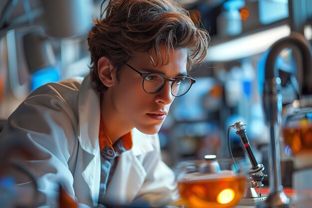 Photo a man looking at a microscope with a light bulb in the background