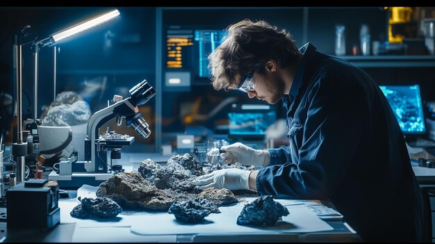 Photo a man looking at a microscope with a sign that says quot the number 1 quot on it