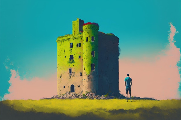 Man looking at the mysterious abandoned castle with a green sky in the background digital art style illustration painting fantasy concept of a man near the castle