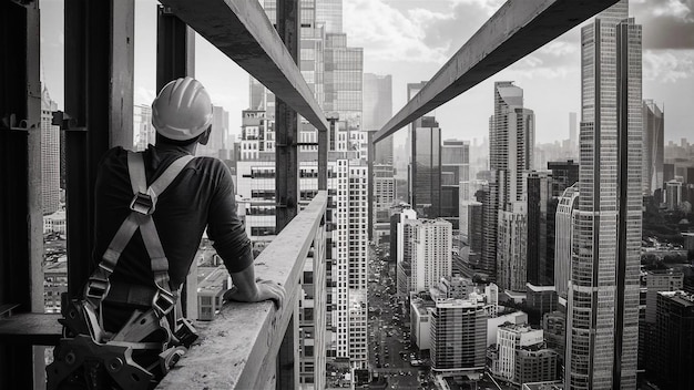 a man looking out a window on a skyscraper