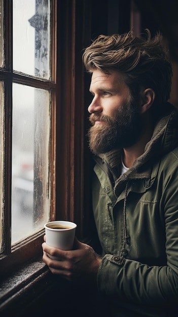 a man looking out a window while holding a cup of coffee