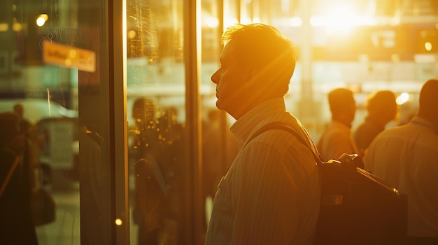 a man looking out of a window with a man looking at his phone