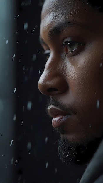 A man looking out of a window with rain falling on his face