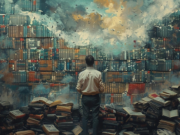 a man looking at a painting of a city with many books