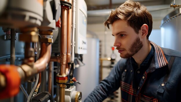 a man looking at a pipe that has the word  no  on it