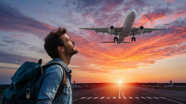 Photo a man looking at a plane flying over a runway at sunset