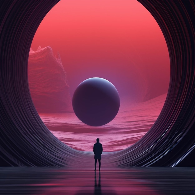 Man looking at the planet from the dark tunnel 3D rendering