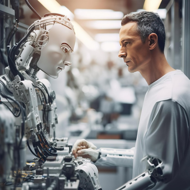 a man looking at a robot with one of the robots head and the other with one behind it