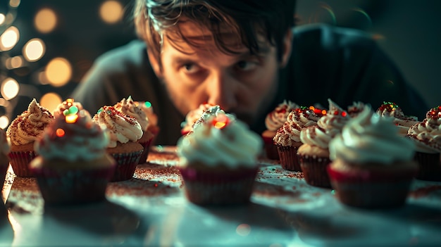 Photo man looking at a row of delicious cupcakes with white frosting and colorful sprinkles blurred in the background