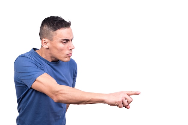 Man looking to the side and repressing gesturing with finger