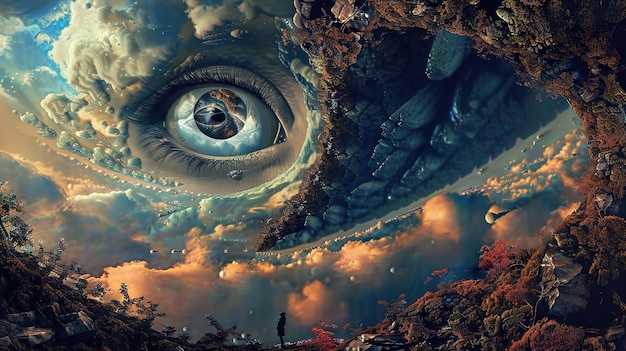 a man looking at the sky with a blue eye and clouds