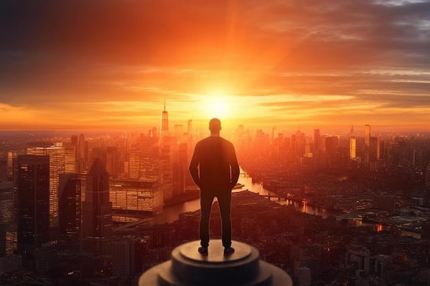 Man looking at the skyscrapers of buildings City at sunset