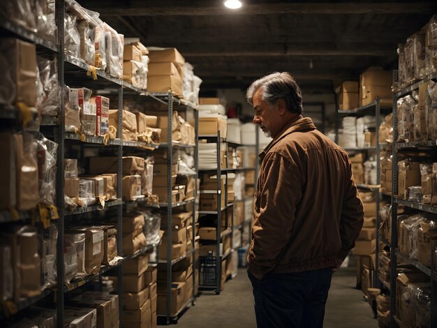 A man looking for something amongst paper boxes