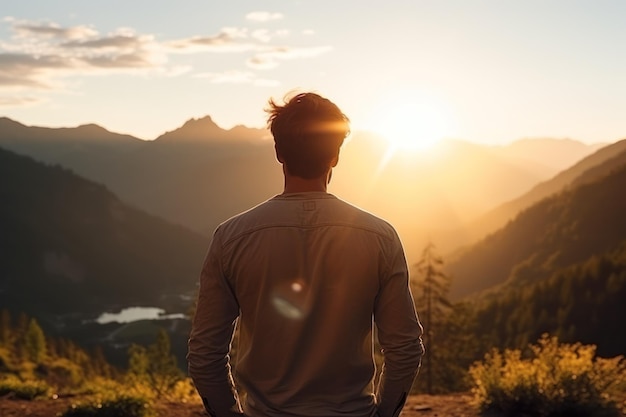 a man looking at the sun in the mountains view from the back