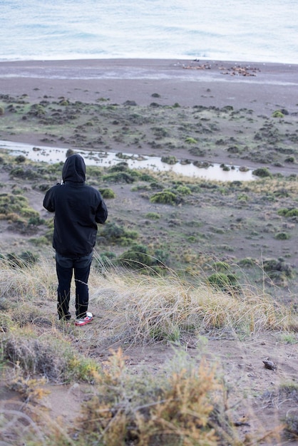 Man looking at sunrise in sea lions patagonia beach