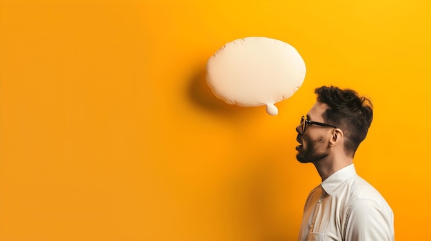 Man looking at a thought bubble on a yellow background