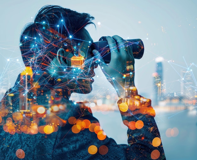 Man Looking Through Binoculars in a Cityscape