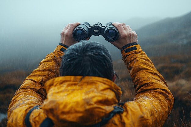 Photo man looking through binoculars in the rain