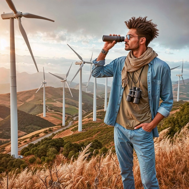 a man looking through a binoculars with a mountain in the background