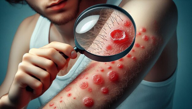 Photo a man looking through a magnifying glass with a picture of a jelly filled dot on his arm