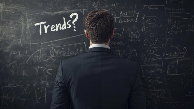 Photo man looking at trends on blackboard