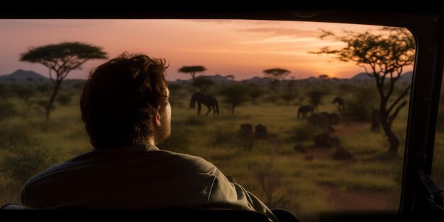 Photo man looking at the view during a safari drive at dusk