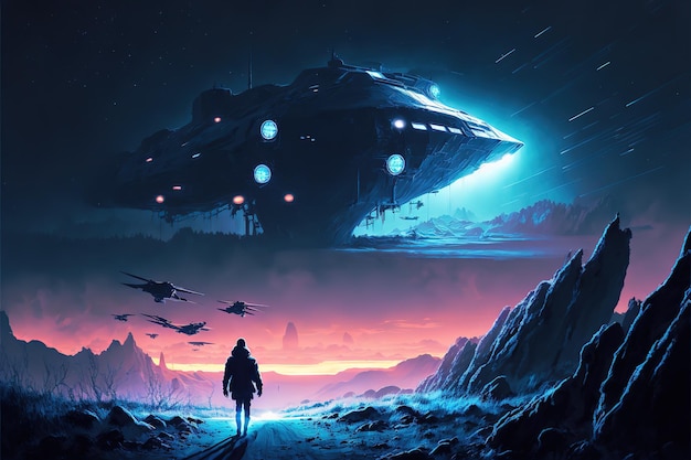 A man looks at an alien ship UFO