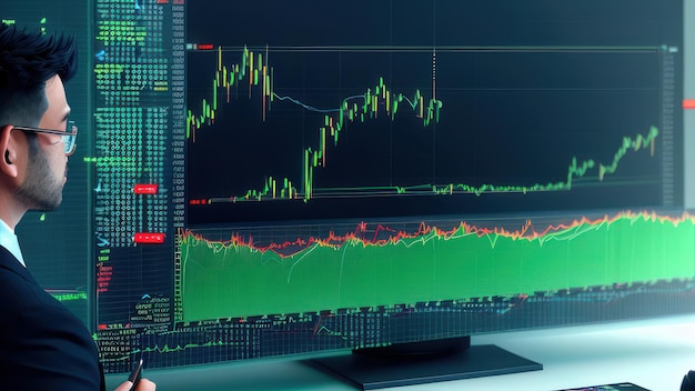 A man looks at a computer screen with a chart on it.