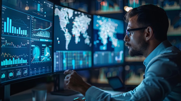 a man looks at a computer screen with a world map on the screen