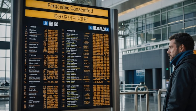 Photo a man looks at the departure boards at the airport