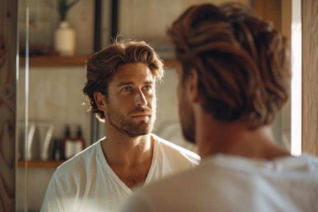 Photo a man looks intently in a mirror examining his hair transplant results in a modern bathroom setting