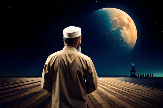 A man looks at the moon in the night sky.