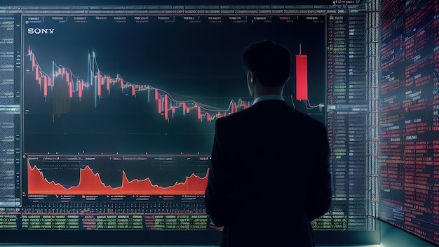 A man looks at a screen that says'stock market '