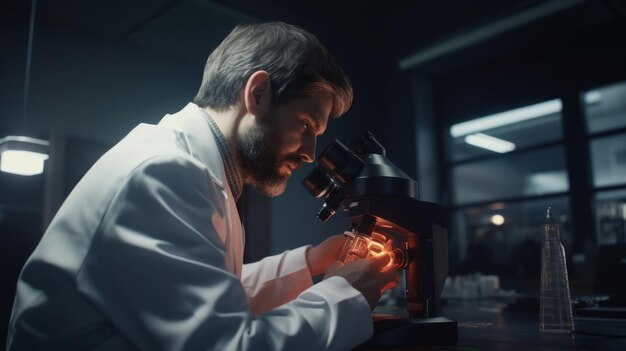 A man looks through a microscope at a dark room with a dark background.