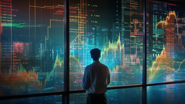 A man looks at a window with a chart of stock exchange on it.