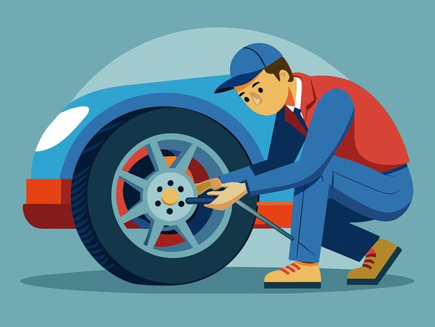 Photo a man loosening lug nuts with tire iron to repair flat car tire