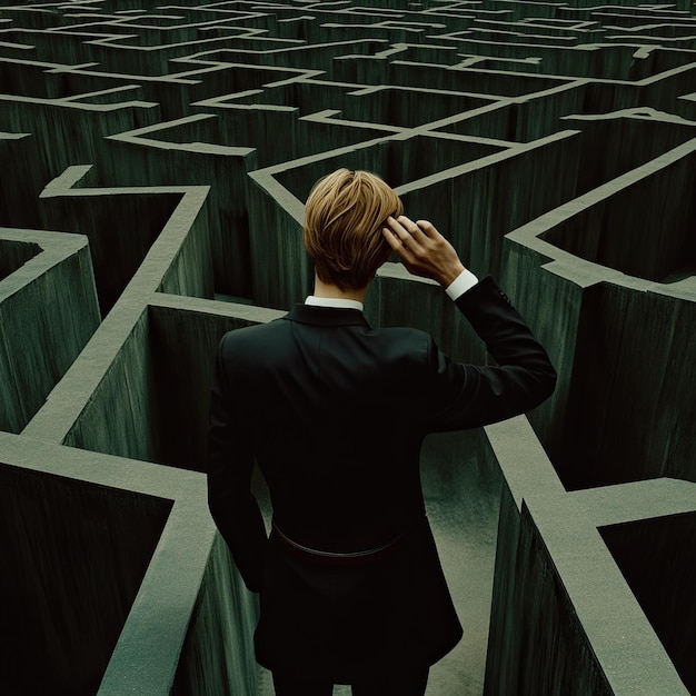 Photo man lost in intricate maze represents confusion decisionmaking challenges and searching for direc