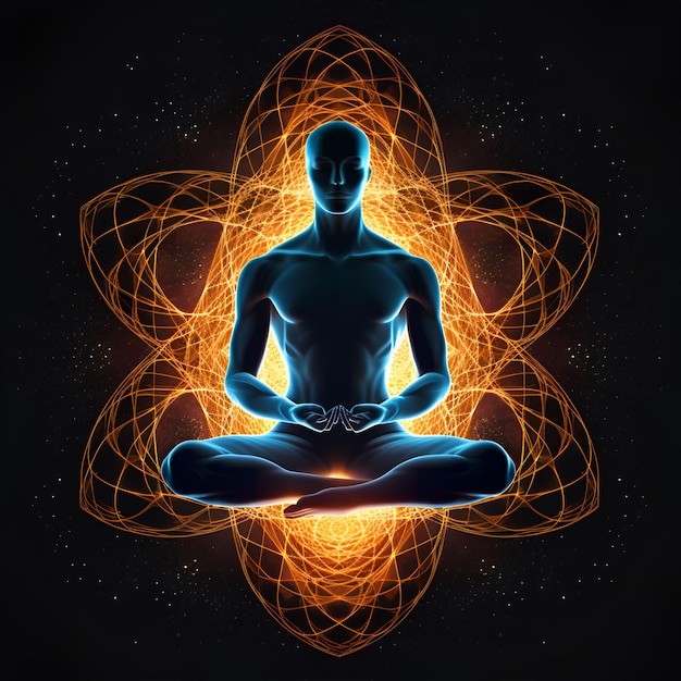 a man in a lotus position sits in a circle of stars