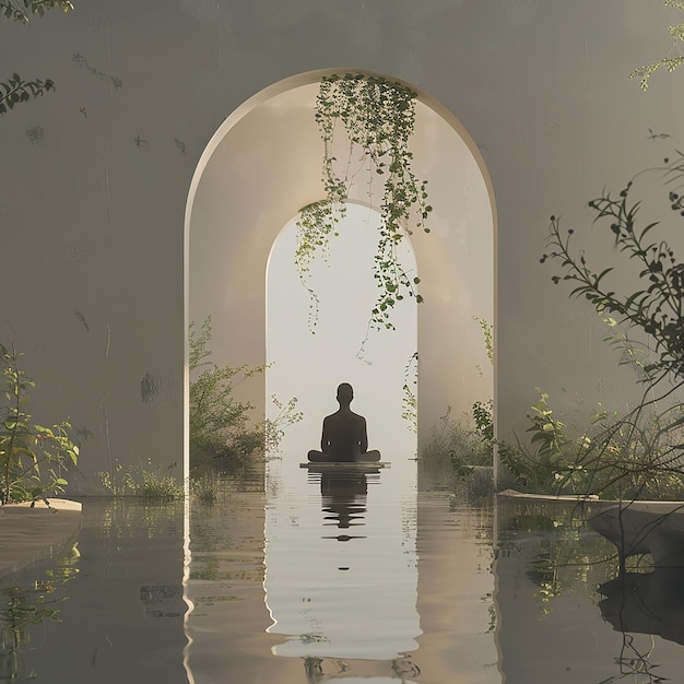 Photo a man in a lotus position sits in a doorway under a bridge